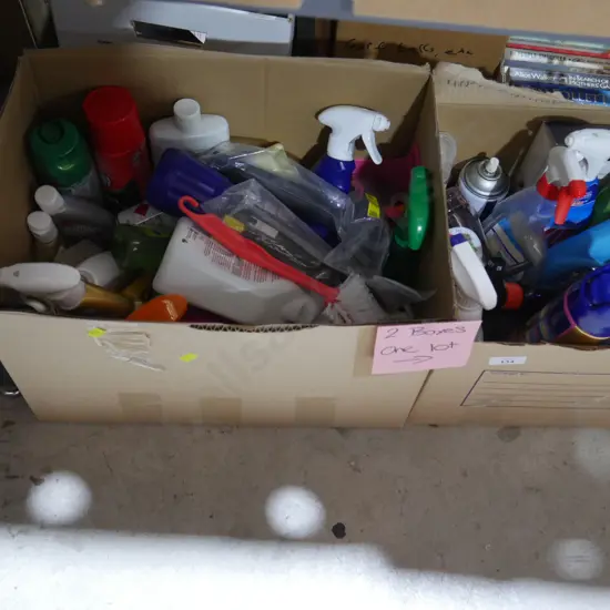 Two boxes of cleaning items