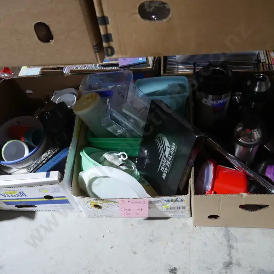 Three boxes of kitchenware etc