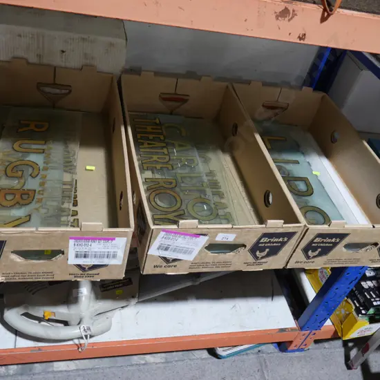 3 boxes of assorted glass signs