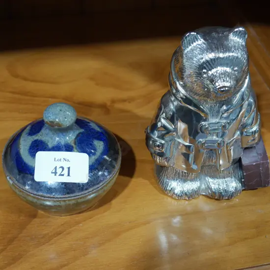 Metal bear money box and pottery trinket pot