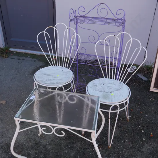 Metal shelf, chairs , table