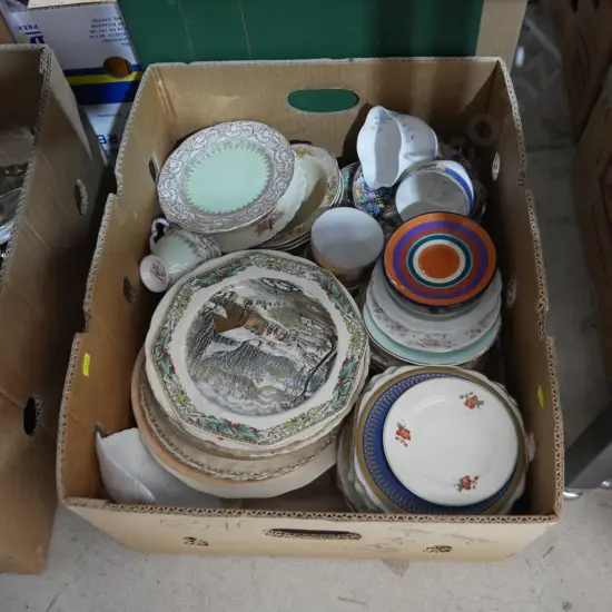 Three boxes of glassware, ornaments, plates etc