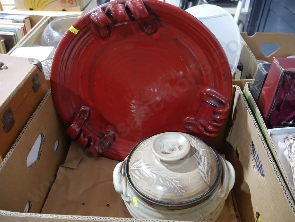 Large red pottery platter, lidded casserole Image 1++