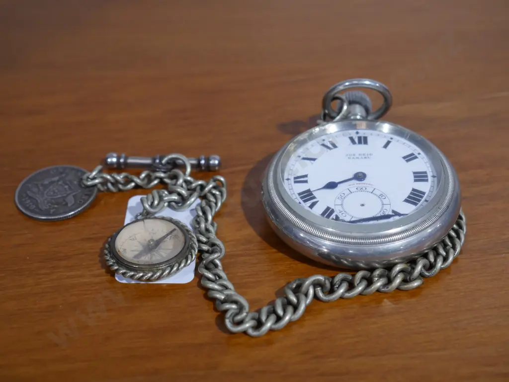 Vintage pocket watch with fob chain and compass Image 1++