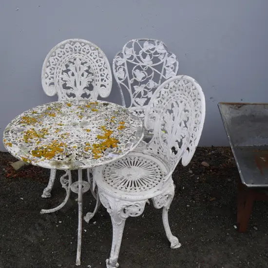 White metal garden table and 3 chairs