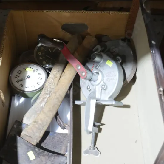 Axes, hand crank bench grinder etc