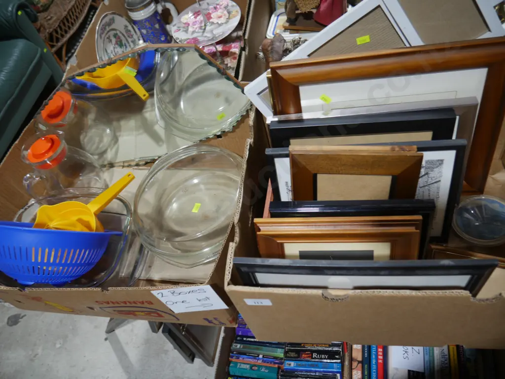 2 boxes of picture frames, mirror, casserole dishes Image 1++