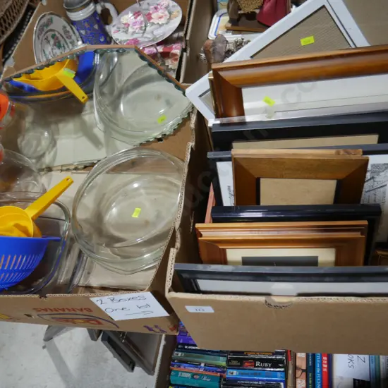 2 boxes of picture frames, mirror, casserole dishes