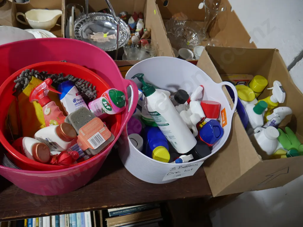 3 boxes of cleaning supplies, shampoo, body wash etc Image 1++