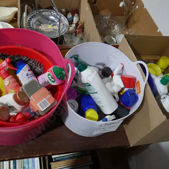3 boxes of cleaning supplies, shampoo, body wash etc