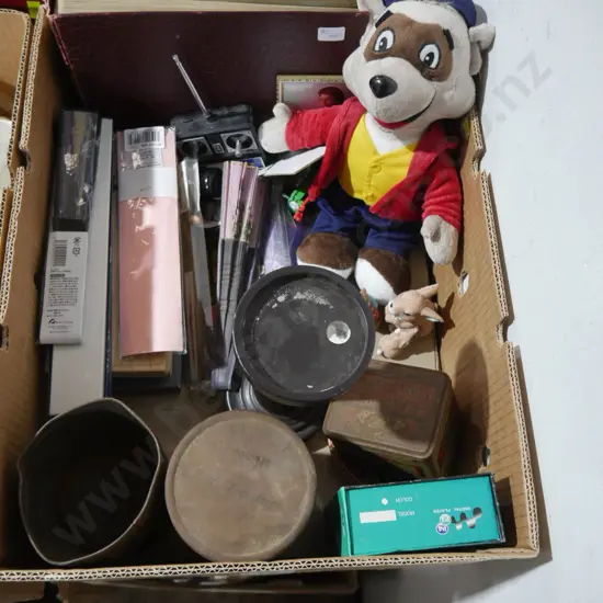 Old tins, oriental fans etc