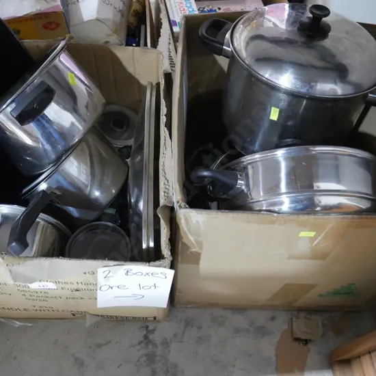 2 boxes of cooking pots etc