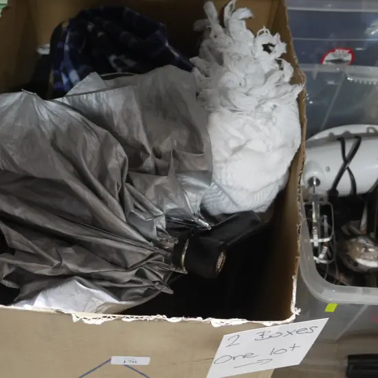 Two boxes of kitchenware etc