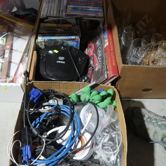 Two boxes of DVDs, electrical cables etc