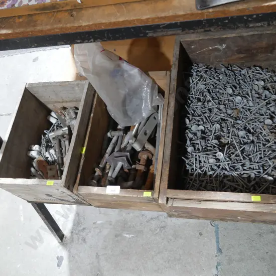 3 boxes of nails, hinges, chains etc