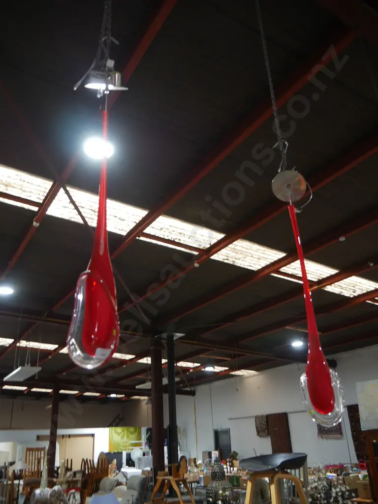 2 red glass pendant lights Image 1++