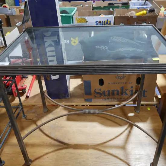 Glass top wroght iron base side table