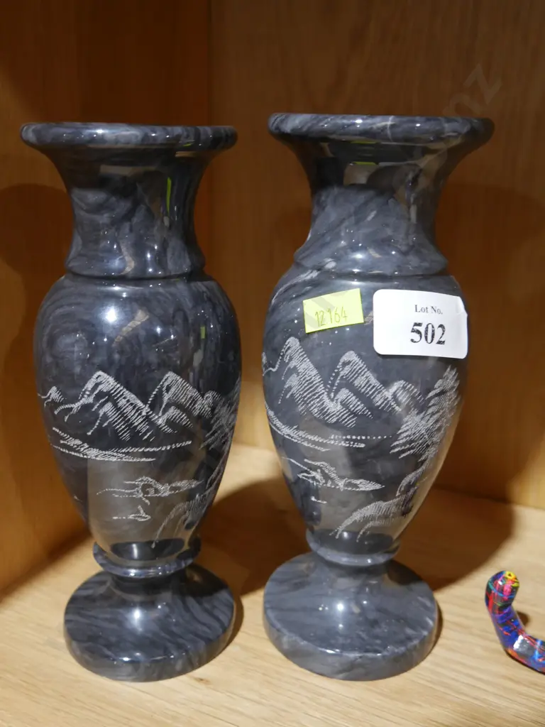 Pair of etched marble urn vases Image 1++