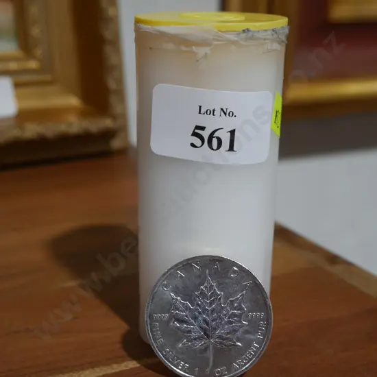 Container of 25 silver Canadian $5 coins, 31gramms of .9999 silver each coin.