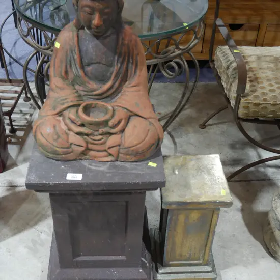 Buddha figurine and 2 pedestal stands