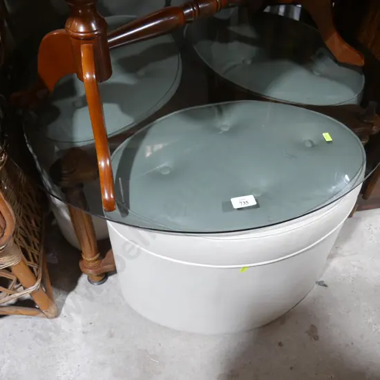 Glass top coffee table with 3 stools