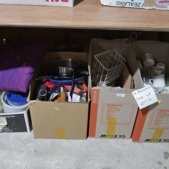 4 boxes of kitchenware etc