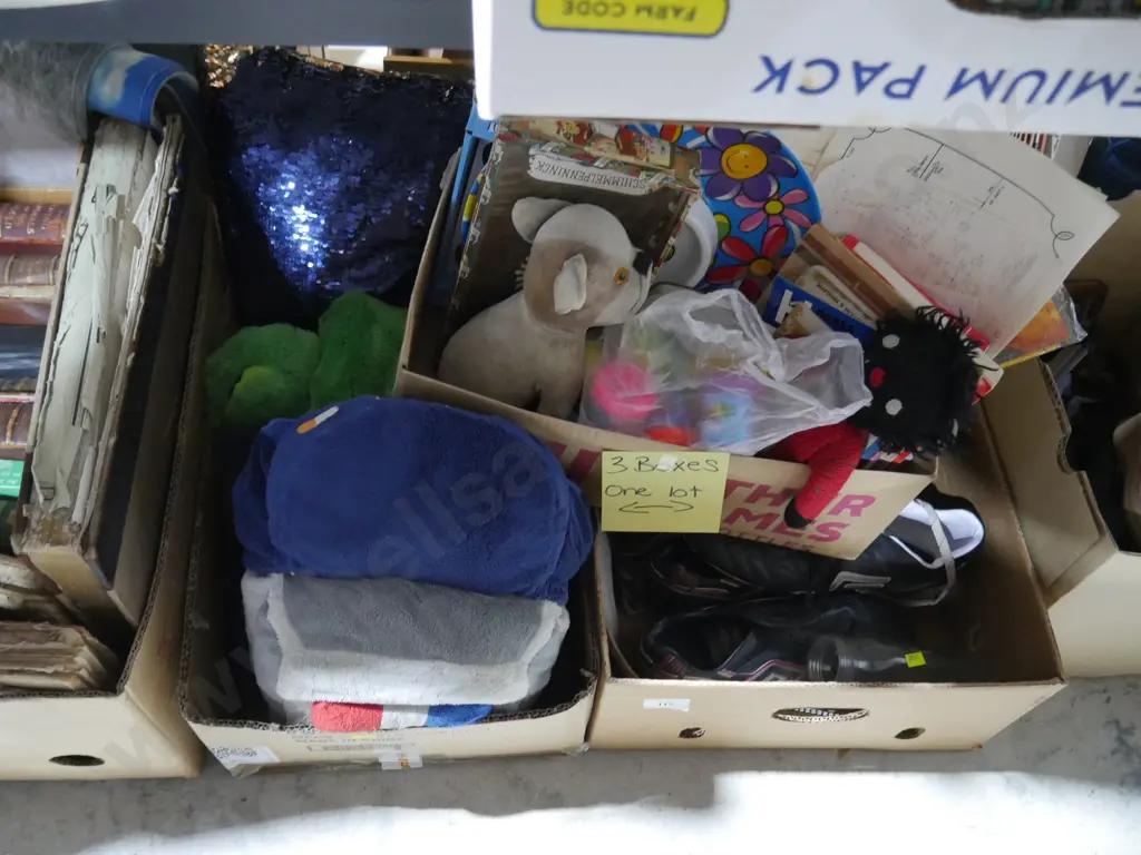 3 boxes of soft toys, shoes etc Image 1++