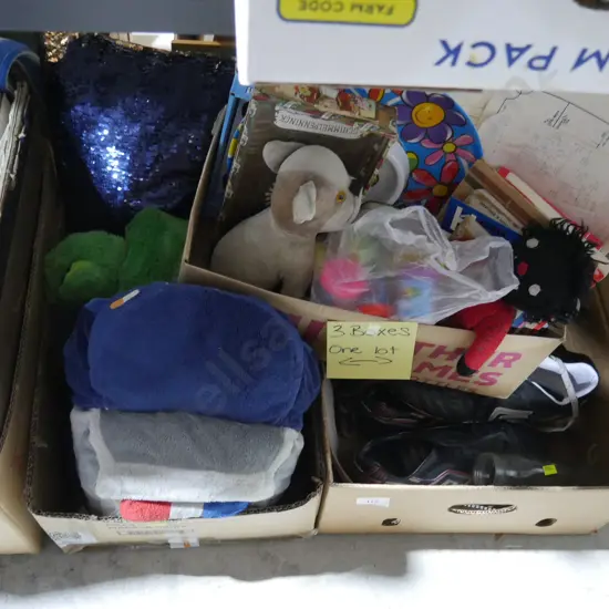 3 boxes of soft toys, shoes etc