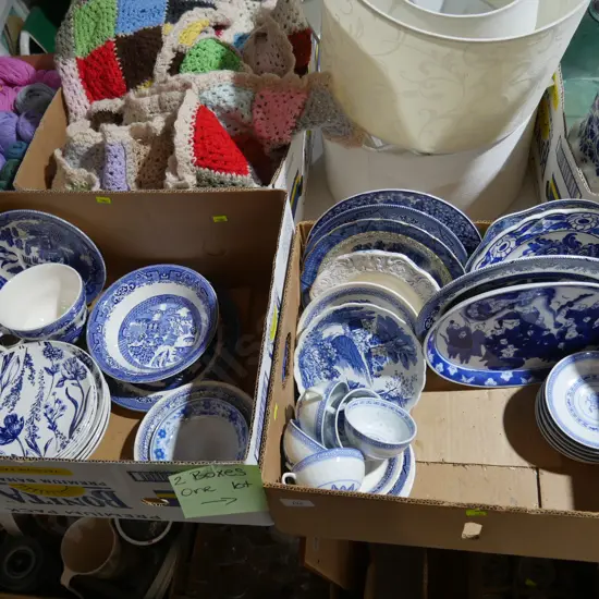 2 boxes of blue and white china