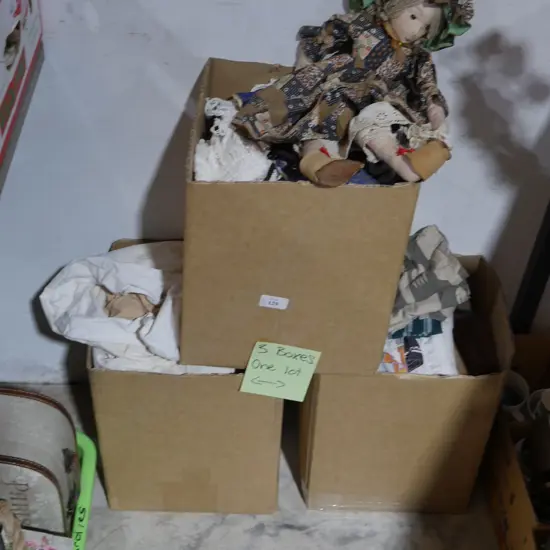 3 boxes doll, linen etc