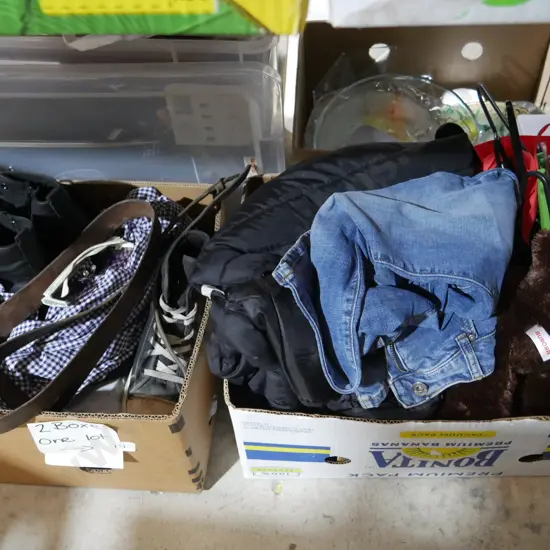2 boxes of clothing, shoes