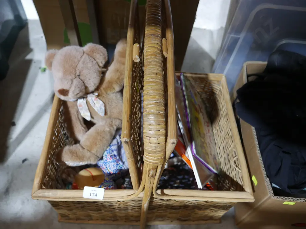 Cane basket, teddy bear, childrens books Image 1++