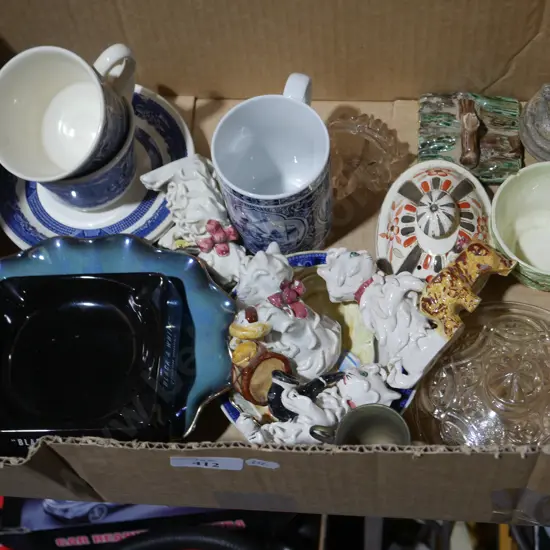 Blue and white china, porcelain cat figurines etc