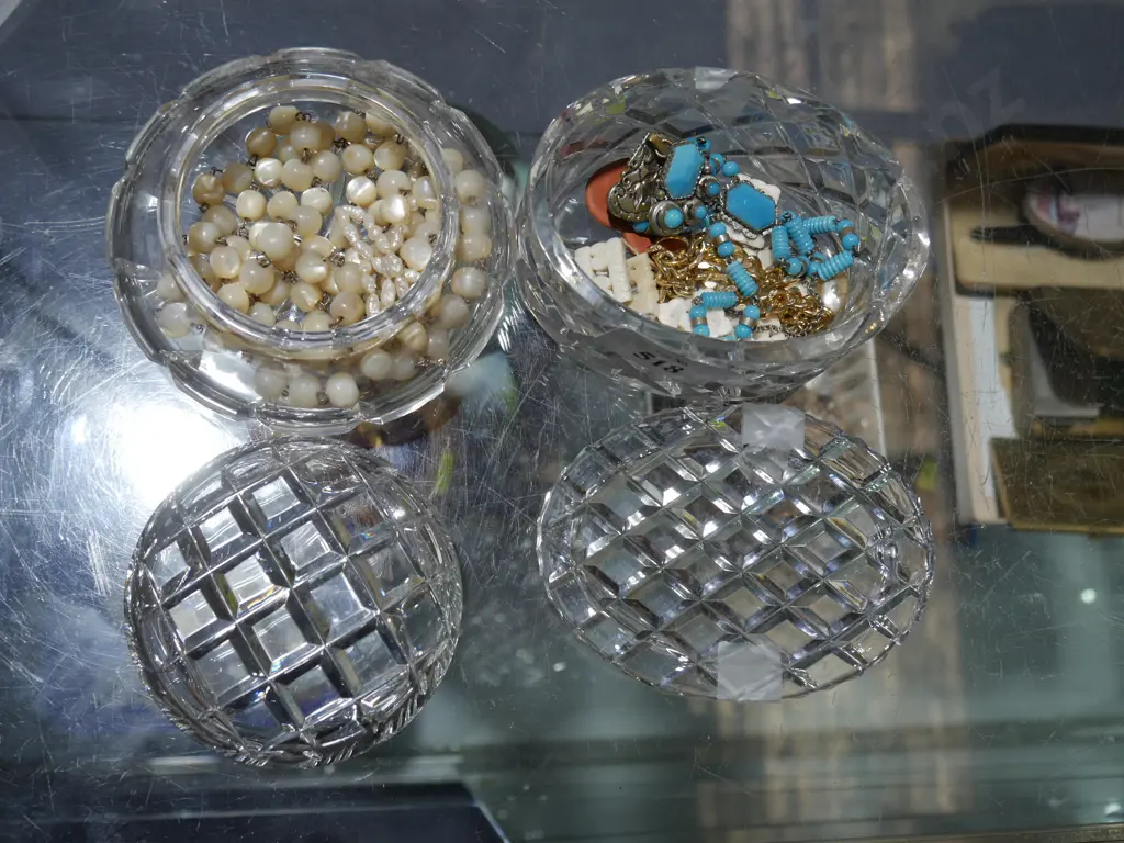 2 crystal trinket containers and contents Image 1++