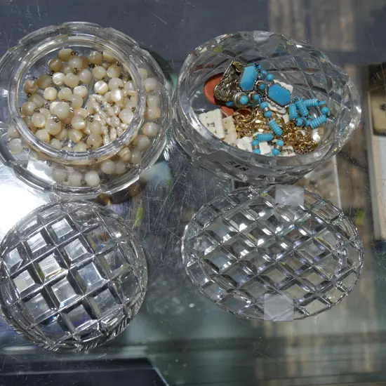 2 crystal trinket containers and contents