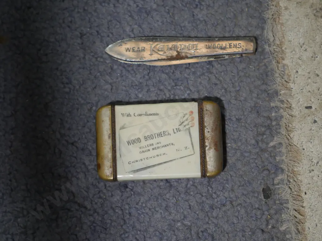 Kaiapoi Woolen Mill pocket knife, Wood Bros Chch match holder Image 1++