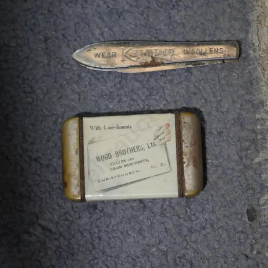 Kaiapoi Woolen Mill pocket knife, Wood Bros Chch match holder