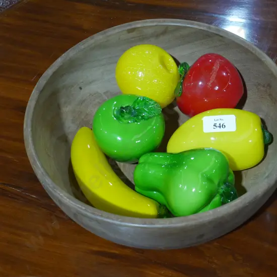 Glass fruits and wooden bowl