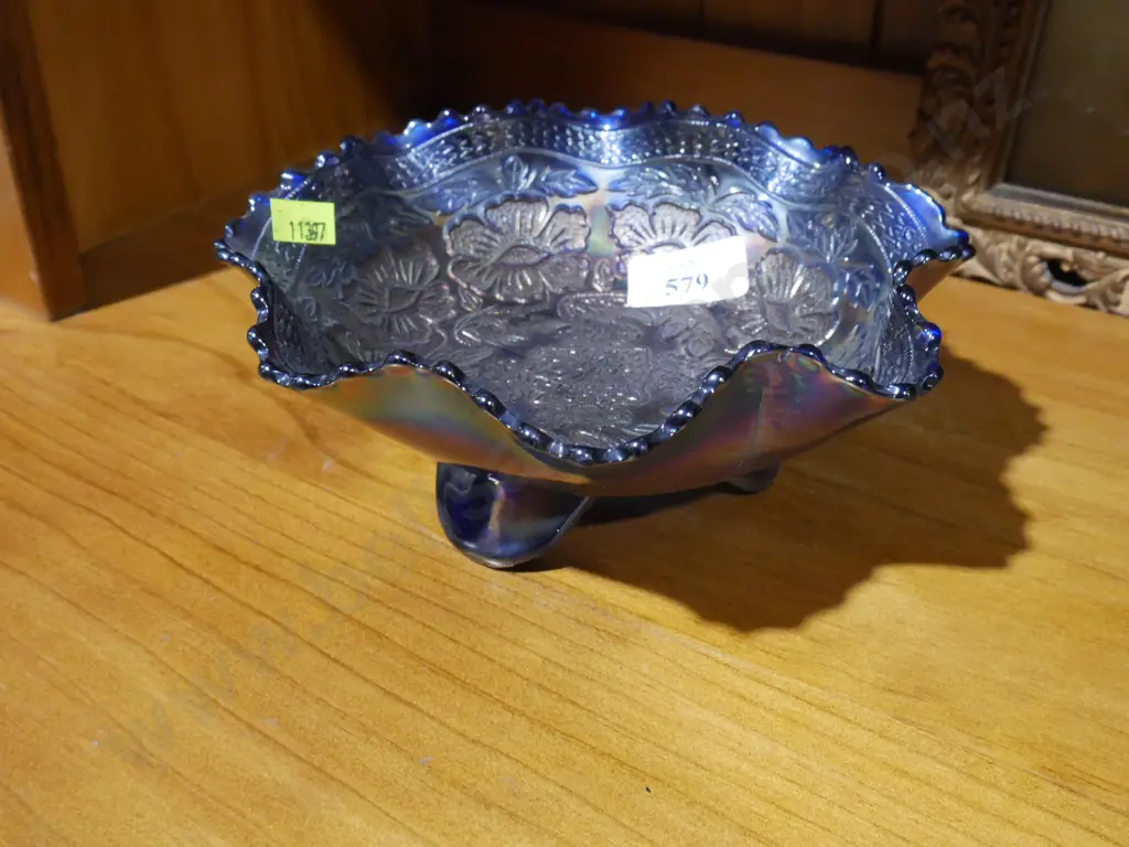 Dark blue Carnival glass footed bowl Image 1++