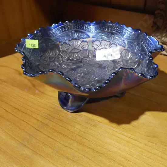 Dark blue Carnival glass footed bowl