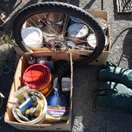 Three boxes of paint etc