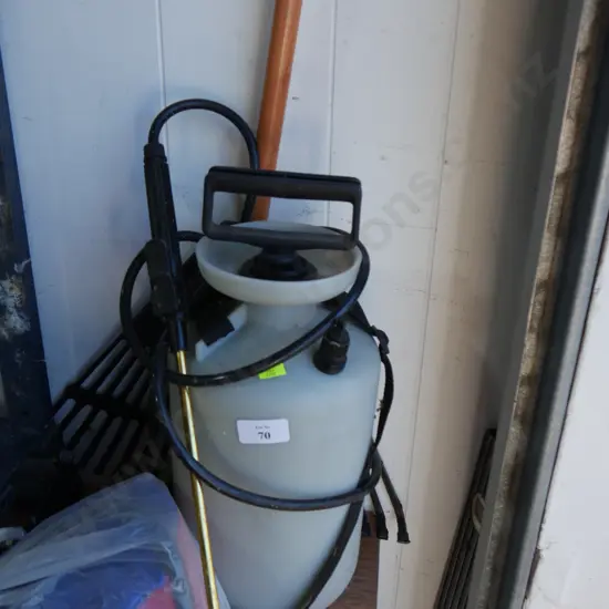 Leaf rake, garden sprayer, foot pump