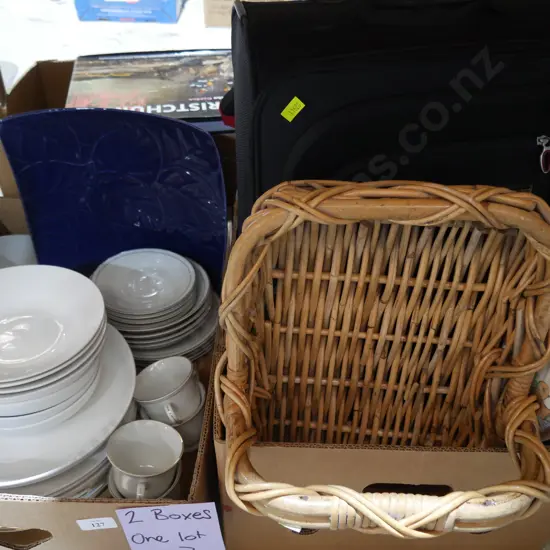 Assorted China, suitcase, doll etc