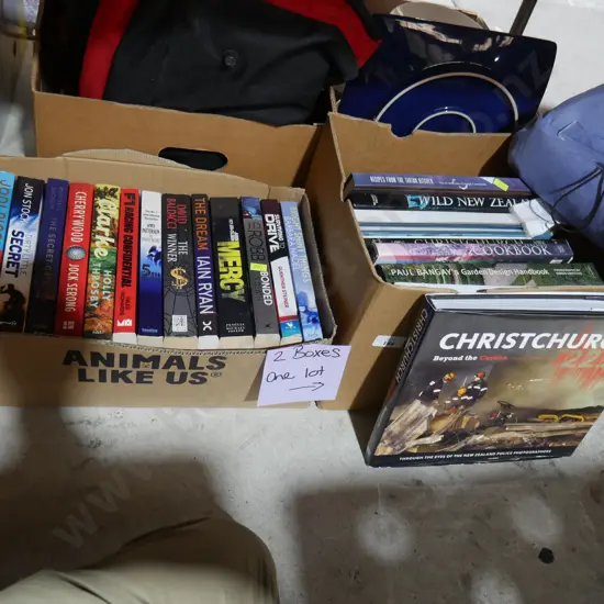 Two boxes of books etc