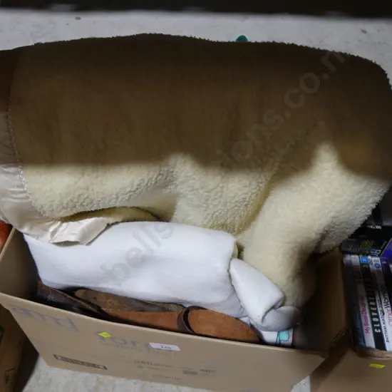 Box of woollen blankets etc