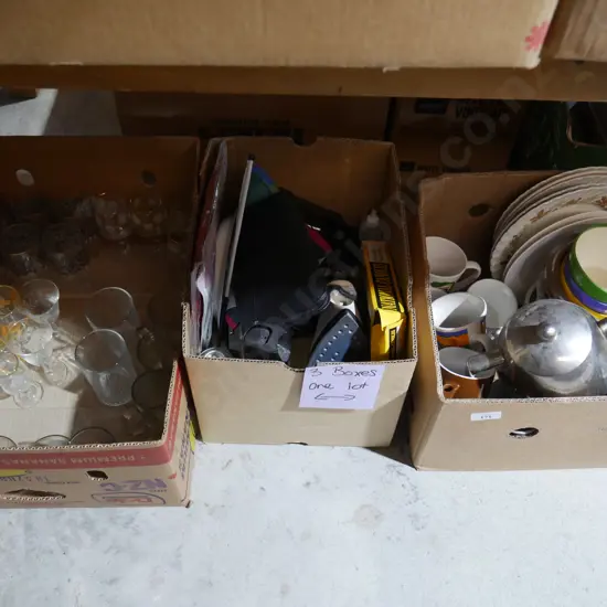Three boxes of glassware, china etc
