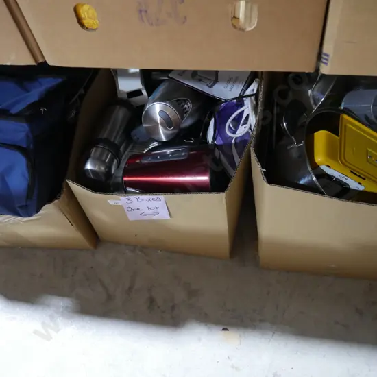Three boxes of kitchenware etc