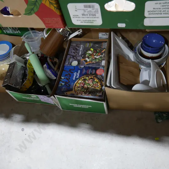 Four boxes of kitchenware, magazines etc