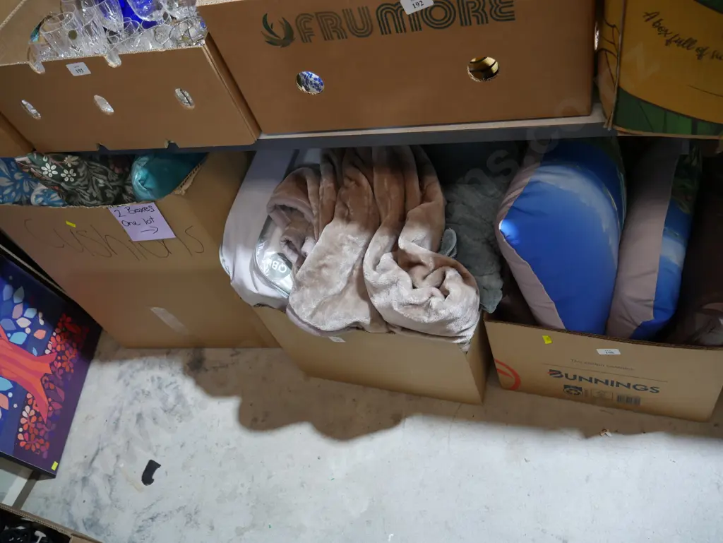 Two boxes of cushions, blankets etc Image 1++