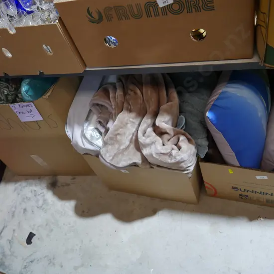 Two boxes of cushions, blankets etc